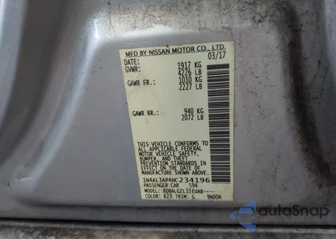 2017 Nissan Altima 2.5 S z USA, uszkodzony, nr VIN 1N4AL3AP4HC234196